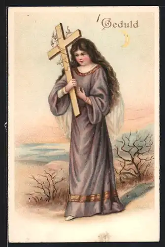 Künstler-AK Geduld, Engel mit Kreuz, Religion
