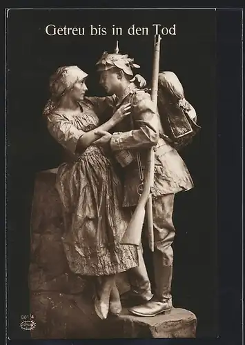 AK Getreu bis in den Tod, Vermenschlichte Statue eines Soldaten und seiner Liebsten