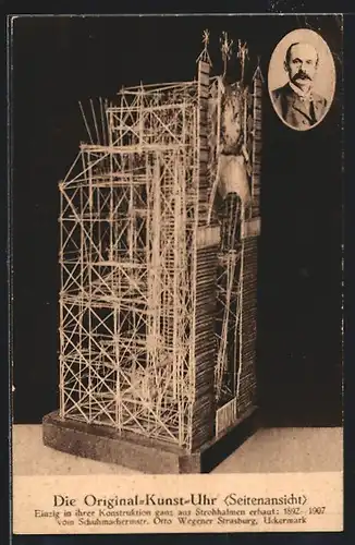 AK Original-Kunst-Uhr aus Strohhalmen, Vom Schuhmachermstr. Otto Wegener
