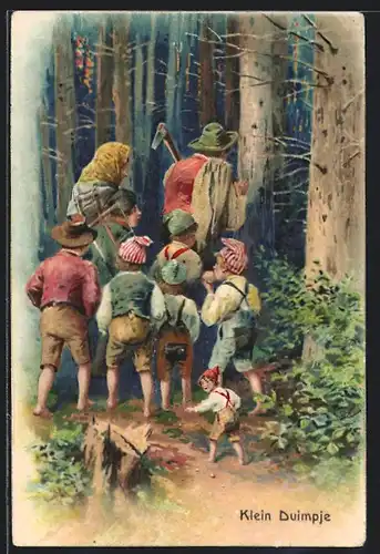 AK Eltern mit Däumling und Geschwistern im Wald