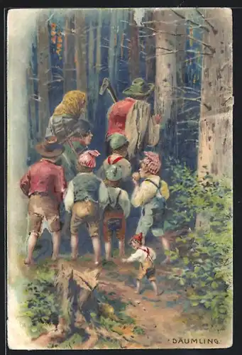 AK Eltern mit Däumling und Geschwistern im Wald