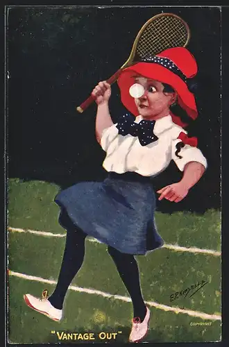 Künstler-AK sign. E. P. Kinisella: Vantage Out, Mädchen bekommt beim Tennis den Ball ins Gesicht