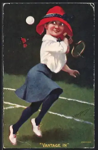 Künstler-AK sign. E. P. Kinisella: Vantage In, Mädchen beim Tennis