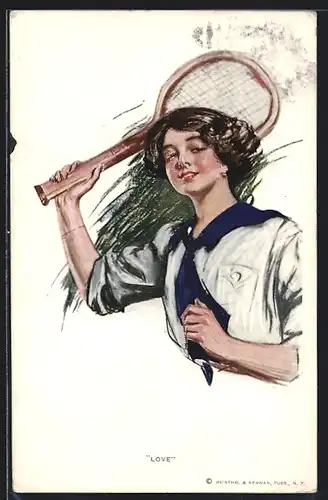 AK Love, Junge Dame mit erhobenem Tennisschläger