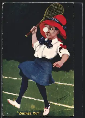 Künstler-AK sign. E. P. Kinisella: Vantage Out, Mädchen beim Tennis