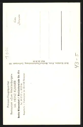 AK Berlin, Prinzen-Hauptquartier Restaurant Zum Mecklenburger mit Prinz Heinz II. von u. zu Kummersburg 1954 /55