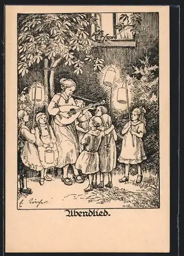 Künstler-AK Abendlied, Mutter musiziert mit Kindern, Kinderfürsorge