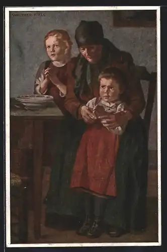 Künstler-AK Mutter mit zwei Kindern beim Gebet vor dem Essen, Kinderfürsorge