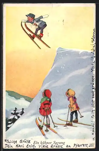 Künstler-AK Skiflieger bei einem kühnen Sprung