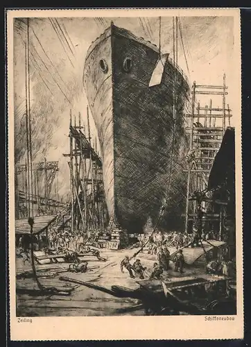 Künstler-AK Bremen, Arbeiter beim Schiffsneubau, Reklame für Eduscho Kaffee