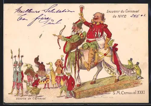 Künstler-Lithographie Nice / Nizza, Carnaval XXXI, Escorte de Carnaval, Karnevalsumzug