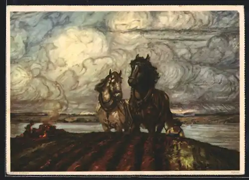 Künstler-AK Reklame für Eduscho Kaffee, Bauer mit Pferdegespann beim Pflügen