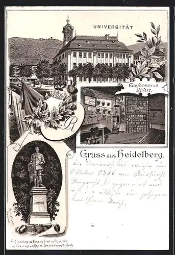 Lithographie Heidelberg, Universität, Scheffel Denkmal
