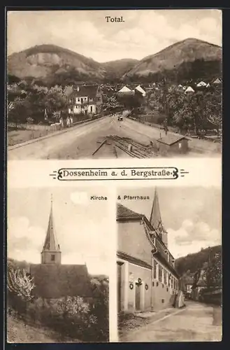 AK Dossenheim a. d. Bergstrasse, Totalansicht, Kirche und Pfarrhaus