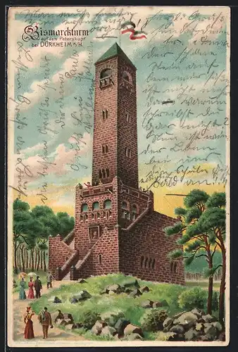 Lithographie Dürkheim a. H., Bismarckturm auf dem Peterskopf
