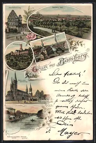 Lithographie Bamberg, Totalansicht, Alte Hofhaltung, Altenburg & Rathaus m. Wasserpartie