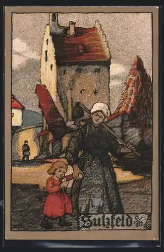 Steindruck-AK Sulzfeld a /M., Ortspartie & Bäuerin mit Kind