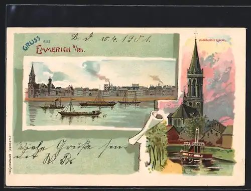 Lithographie Emmerich a. Rh., Aldegundis Kirche, Bootspartie