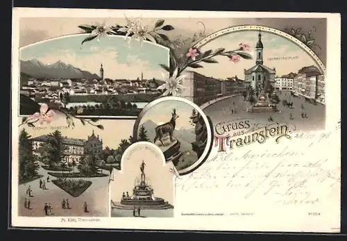 Lithographie Traunstein, Kurhaus, Luitpold-Brunnen, Obernstadtplatz
