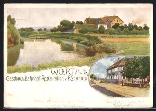 AK Woerth a. Rh., Gasthaus und Bahnhofs-Restauration von F. Schmidt