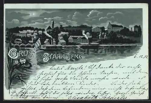 Mondschein-Lithographie Starnberg, Seepartie mit Dampfern