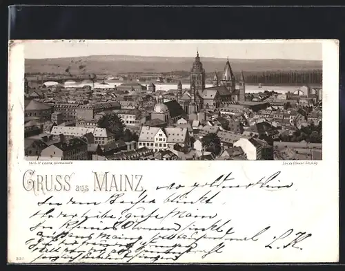 Lithographie Mainz, Totalansicht der Stadt