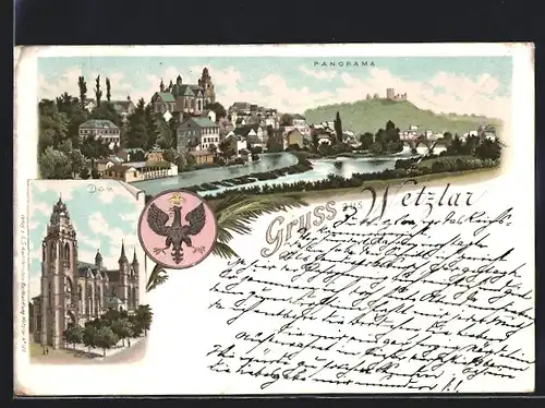 Lithographie Wetzlar, Teilansicht, Dom, Wappen