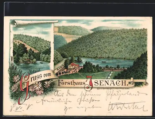 Lithographie Isenach, Forsthaus, Panorama