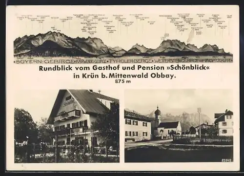 AK Krün b. Mittenwald, Rundblick vom Gasthof und Pension Schönblick