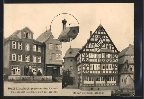 AK Kirchhain, Hotel Mosebach & Metzgerei Konrad, Rathaus & Kriegerdenkmal