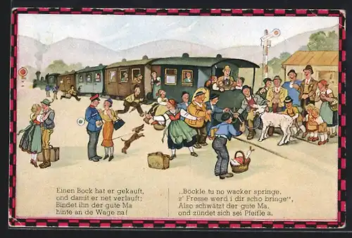 Künstler-AK Hans Boettcher: Reisende mit Ziegenbock vor einem Zug