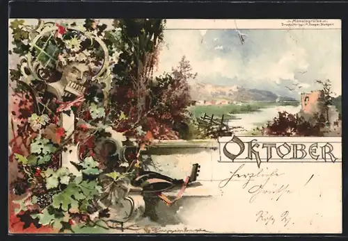 Künstler-AK T.Guggenberger: Oktober, Bank mit abgelegter Laute, Herbstlandschaft, Allegorie