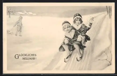 AK Zwei Mädchen auf einem Rodelschlitten, Neujahrsgruss