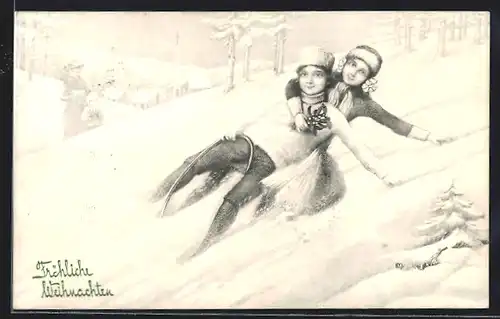 AK Junges Paar auf einem Rodelschlitten, Weihnachtsgruss