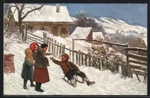 AK Kindergruppe mit Schlitten in einem verschneiten Dorf