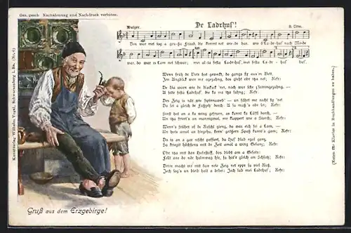 Künstler-AK Lied Dr Ladrhus, Grossvater mit Enkel-Gruss aus dem Erzgebirge