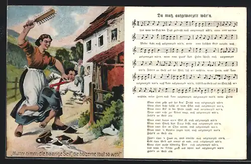 AK Da muss aufgeworzelt wärn, Mutter verprügelt Sohn mit einer Bürste