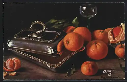 Künstler-AK Fritz Hildebrandt: Orangen und silberne Dose, Stilleben