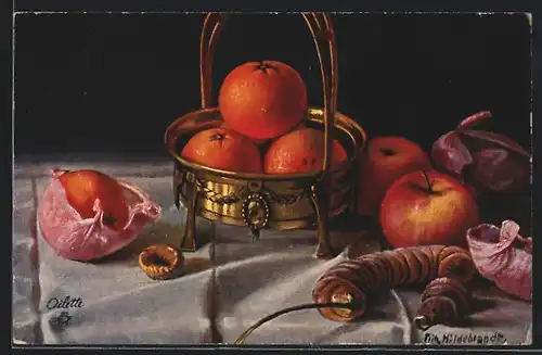 Künstler-AK Fritz Hildebrandt: Orangen in einer Messingschale, Stilleben