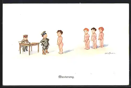 Künstler-AK Ad. Hoffmann: Zukünftige Soldaten nackt bei der Musterung