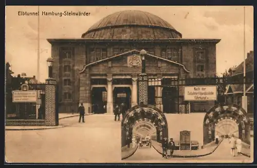 AK Hamburg-Steinwärder, Elbtunnel-Eingang mit Vorplatz