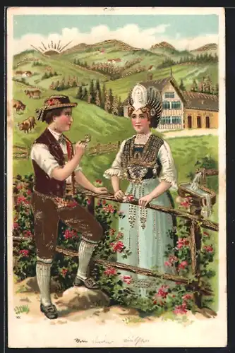 Lithographie Liebespaar in Schweizer Tracht am Zaun