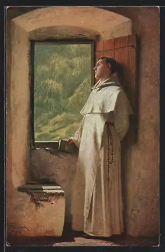 Künstler-AK Ein Sonnenstrahl, Mönch am Fenster
