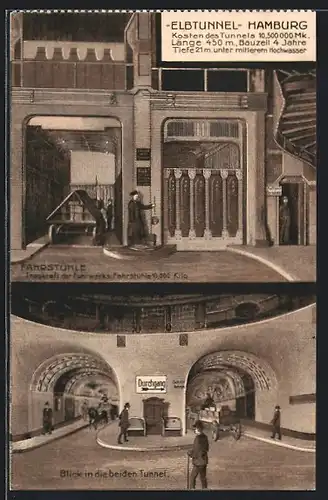 AK Hamburg-St. Pauli, Elbtunnel, Fahrstühle, Blick in die beiden Tunnel, Pferdewagen