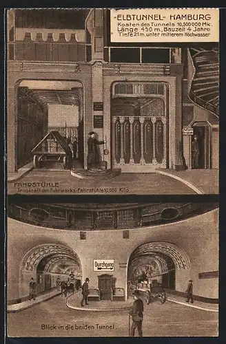 AK Hamburg-St. Pauli, Elbtunnel, Fahrstühle, Blick in die beiden Tunnel, Pferdewagen