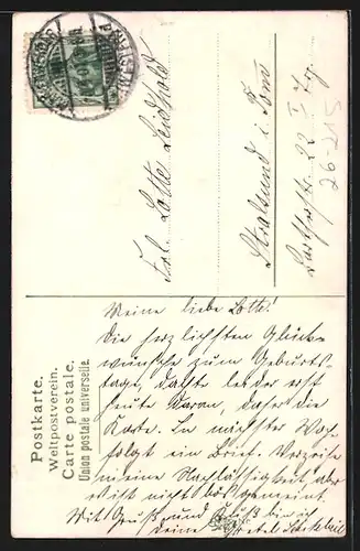 Künstler-AK M. Müller jun.: Hirsche äsen in der Nähe eines Dorfes