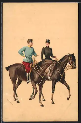 Künstler-AK Französischer Kavalleriesoldat mit Dame zu Pferd