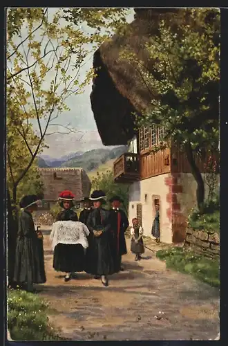 Künstler-AK H. Hoffmann: Dorfbewohner in Schwarzwälder Tracht auf dem Weg zur Kindtaufe