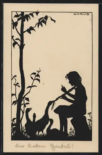 Künstler-AK Carus: Gänse ziehen an den Zöpfen eines Mädchens, Schattenbild