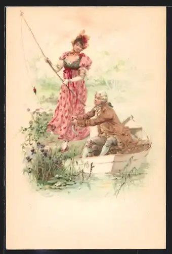 AK Frau mit Angel und Herr am Boot